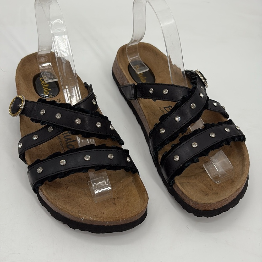 Betula by Birkenstock Rhinestone Studded Ruffle Sandals in Black - Size 8 Narrow